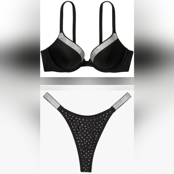 38DD/XXL VS Shine Trim Push Up Bikini Top Diamanté Shine Strap Thong Bikini Set - Picture 1 of 3